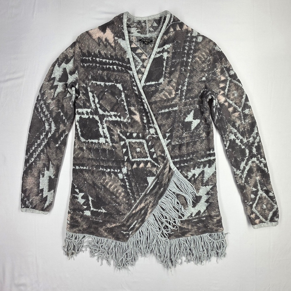 Lucky Brand Gray Southwestern Fringe Open Front Cardigan Sweater Small